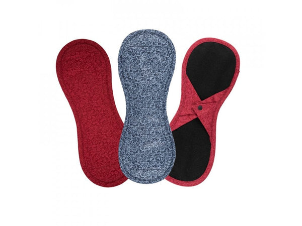 Bamboolik Binde- wiederverwendbare Nacht-/ Umstandsbinde Satin und Bio Baumwolle Bamboolik Set (2x Rot, 1x Blau)